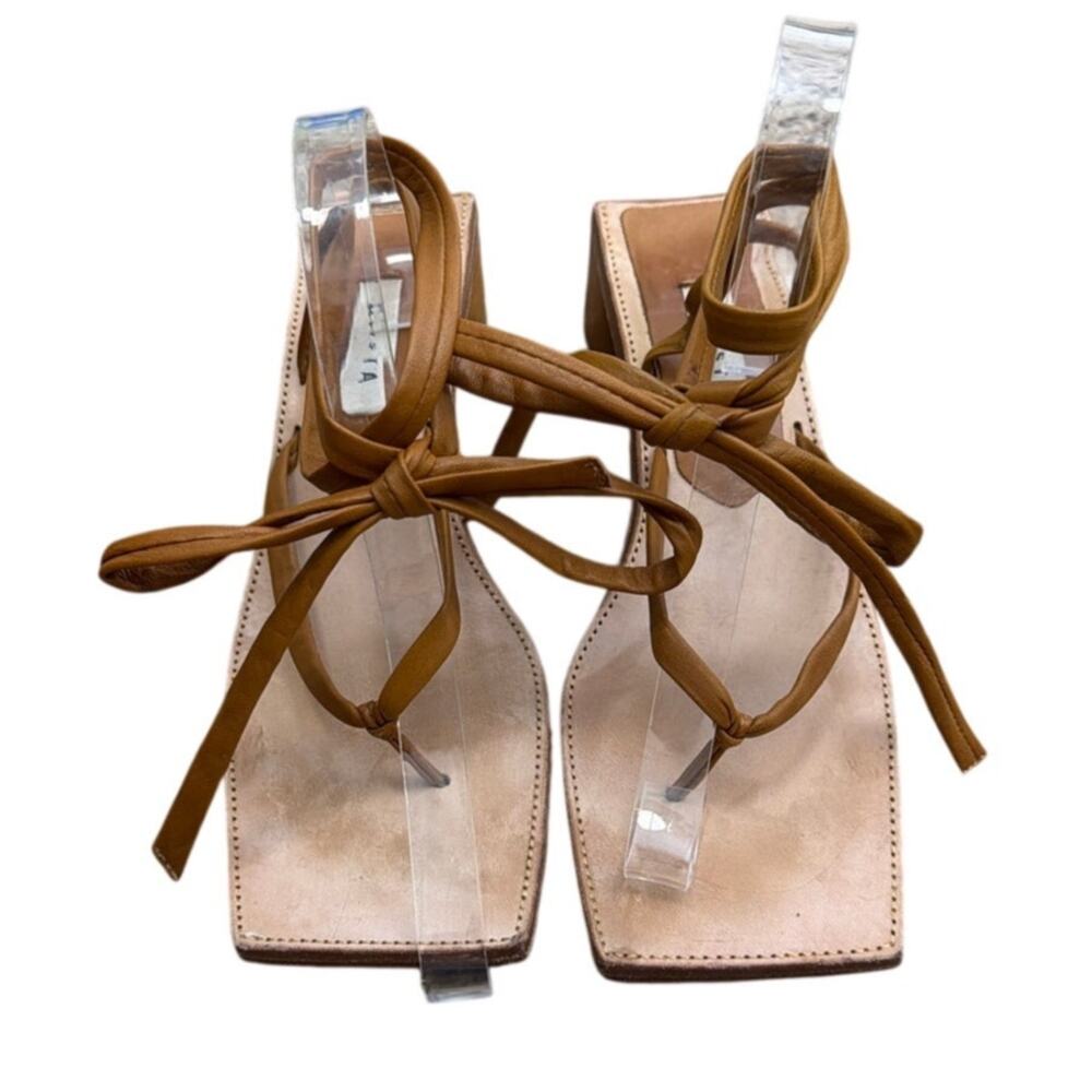 MIISTA Leslie Tan Leather Thong Sandals Square Toe Lace Ankle Tie Size 38 US 8